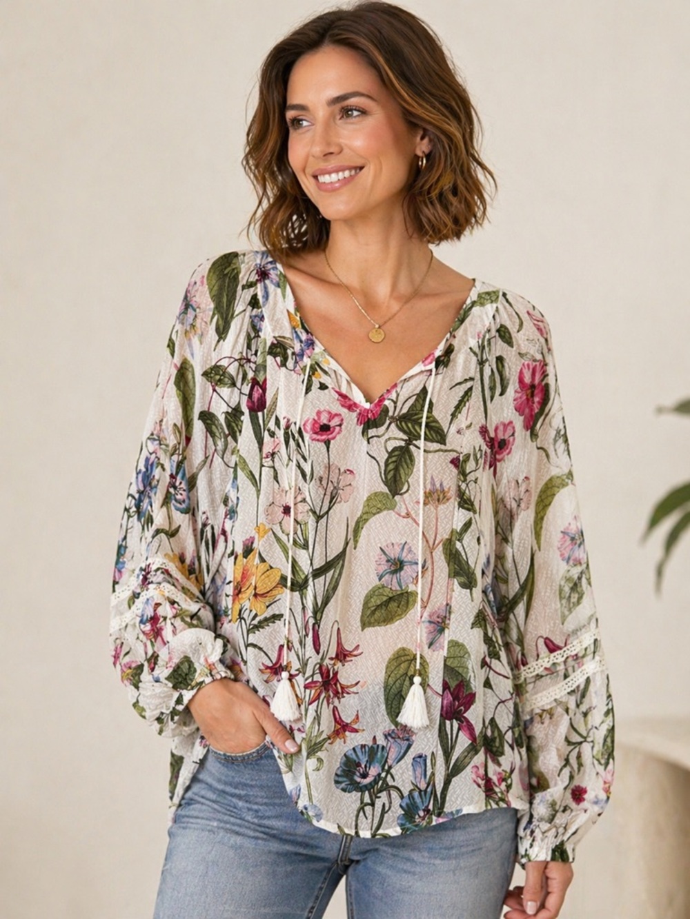 NWT Jane and Delancey White Floral V-Neck Boho Tassel Tie Blouse